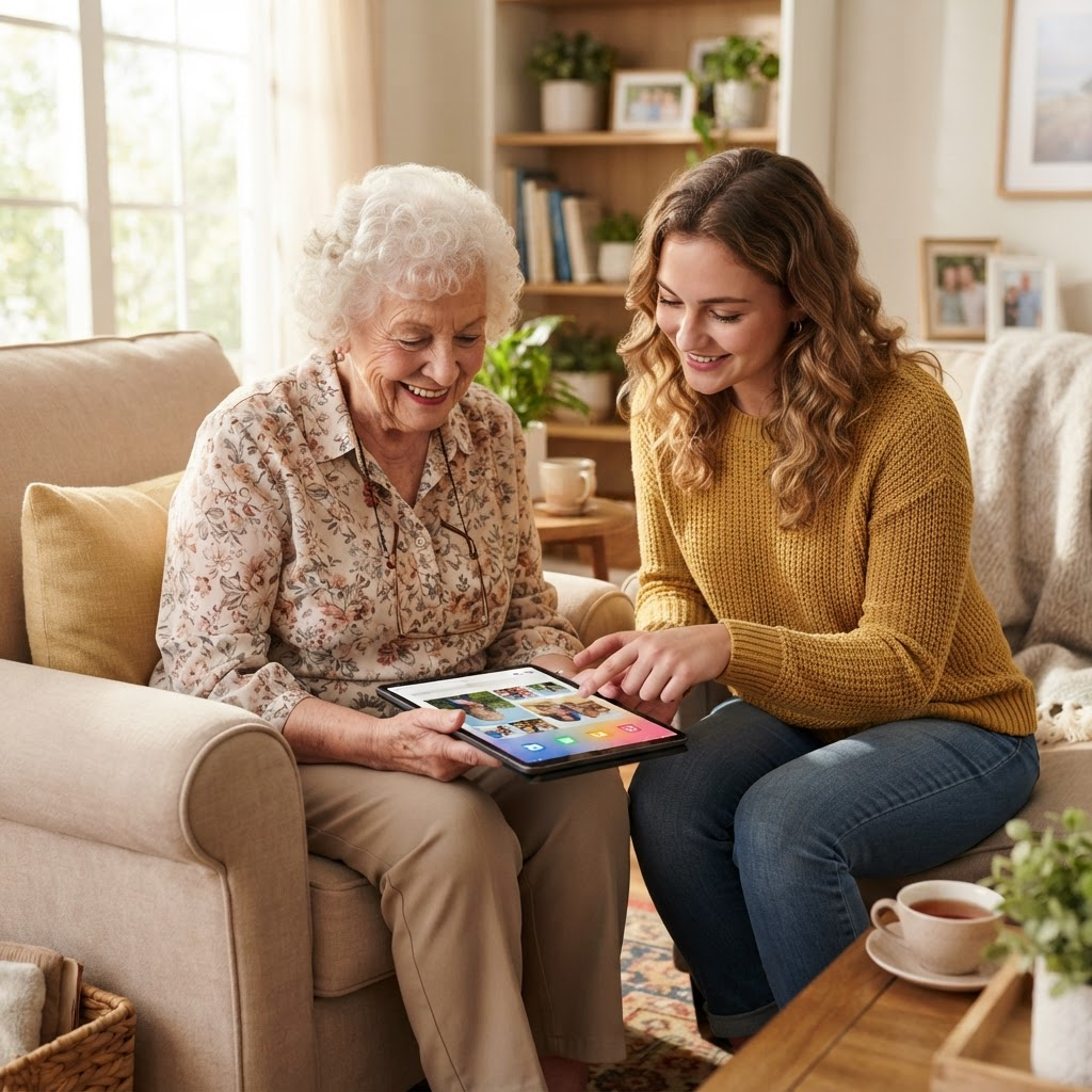 A patient tech helper assisting a smiling senior woman with a tablet